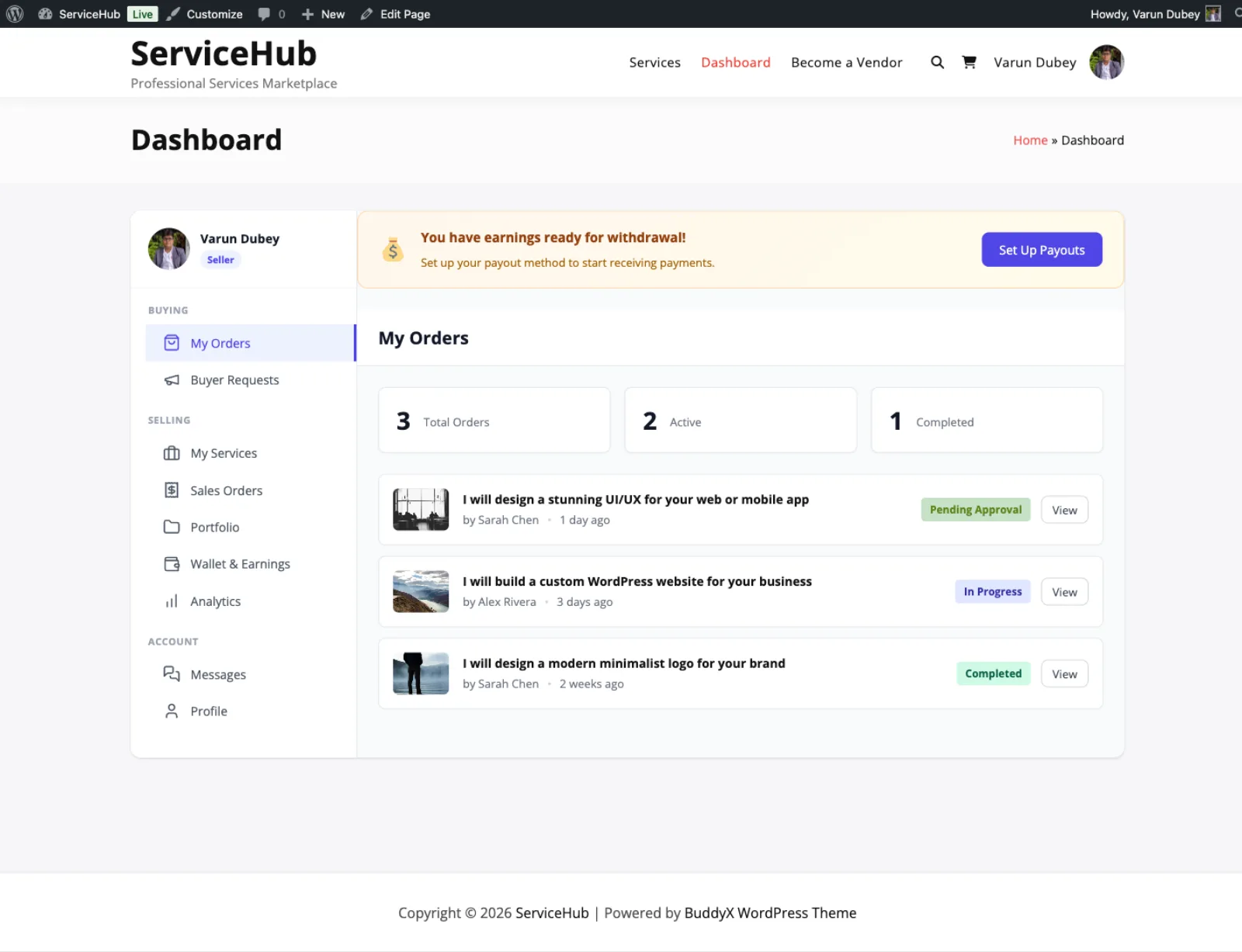 Vendor dashboard with orders and earnings