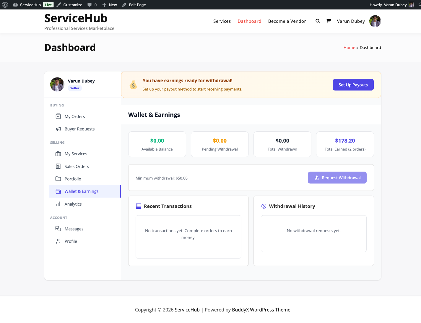 Vendor earnings dashboard