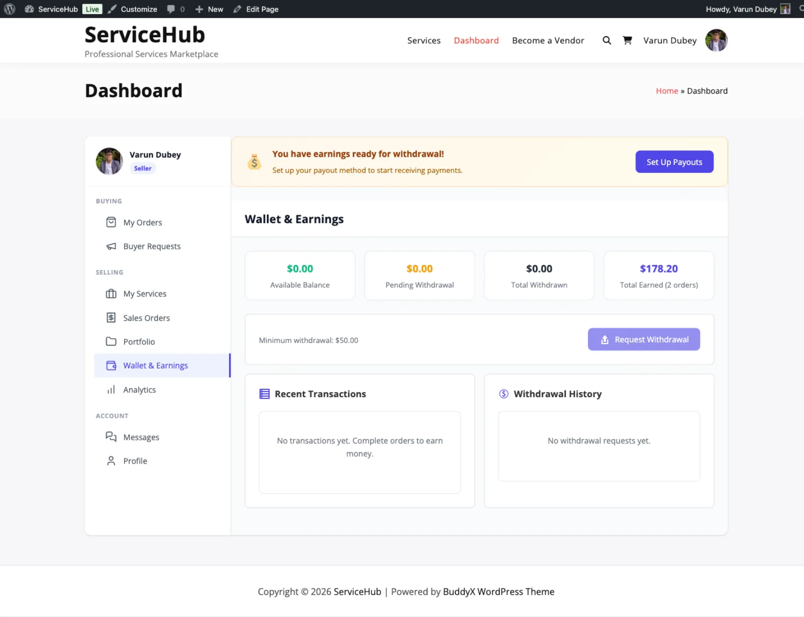 Vendor earnings dashboard