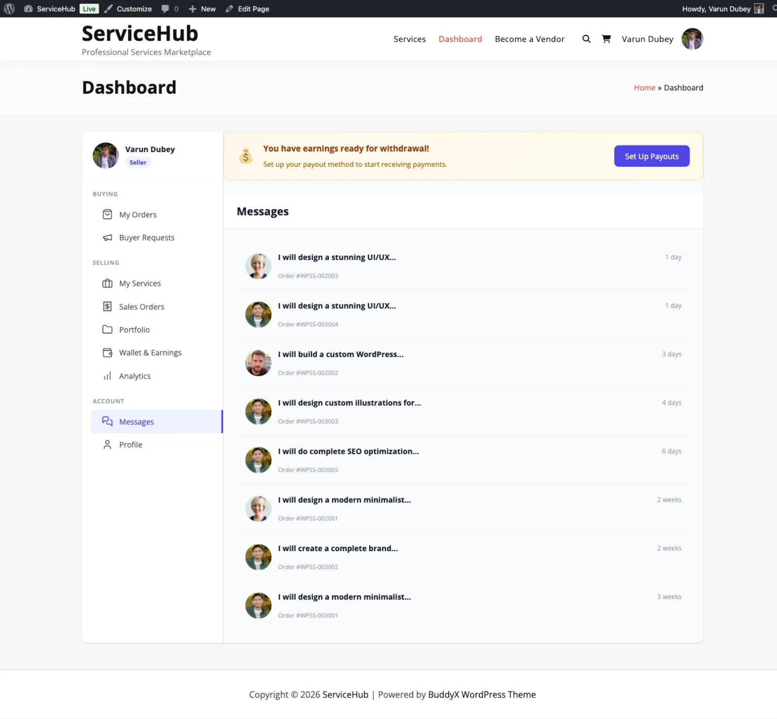 Messages list with conversations for six orders