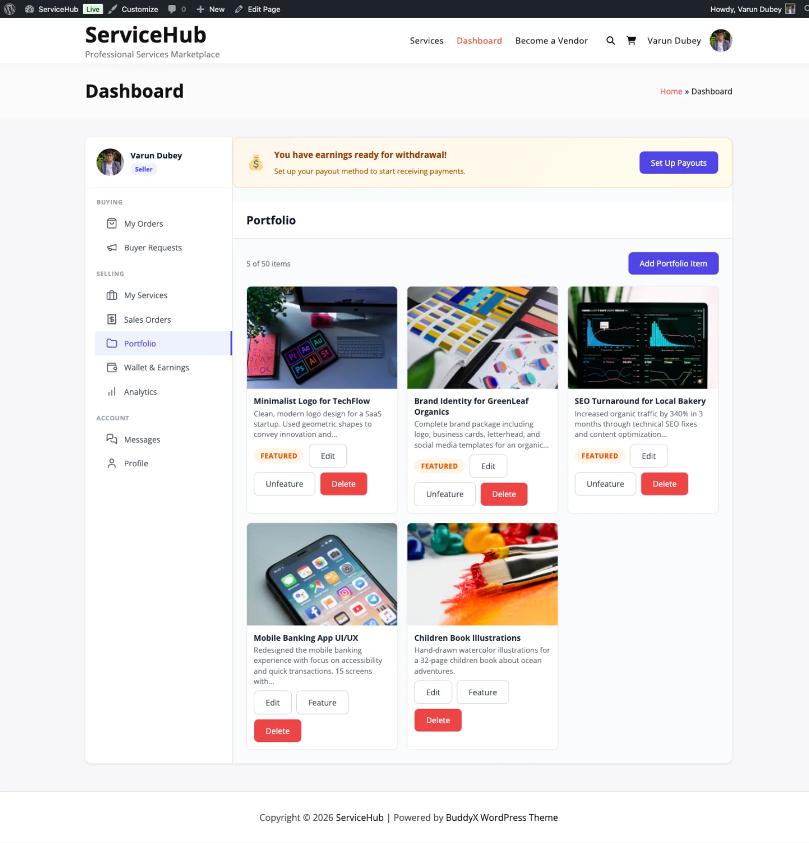 Portfolio manager with featured items and edit and delete buttons