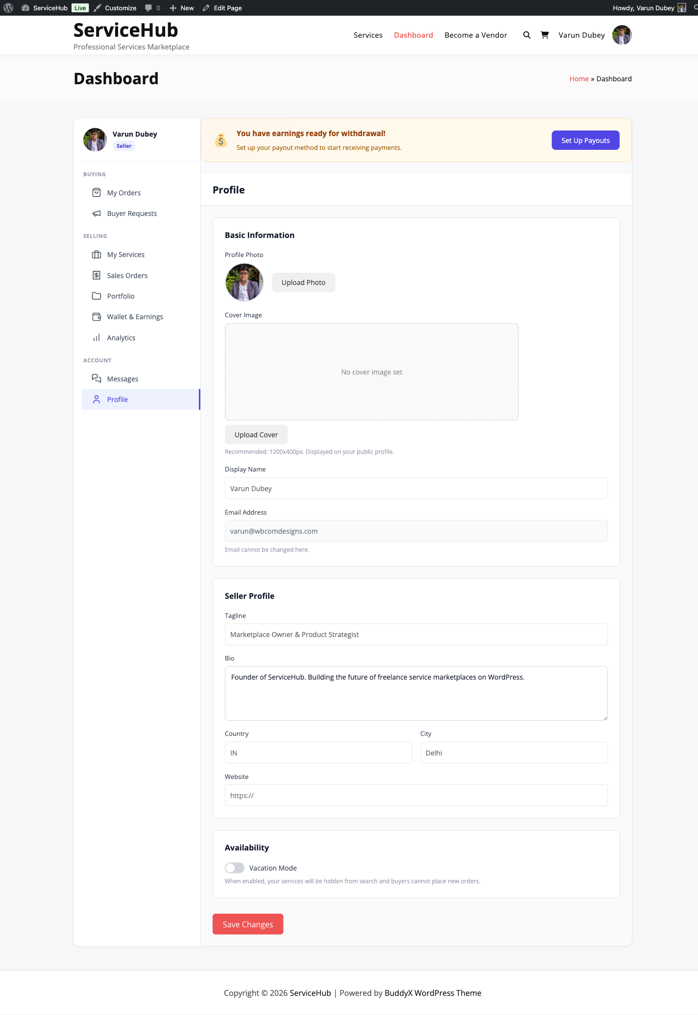 Vendor registration and profile editor form