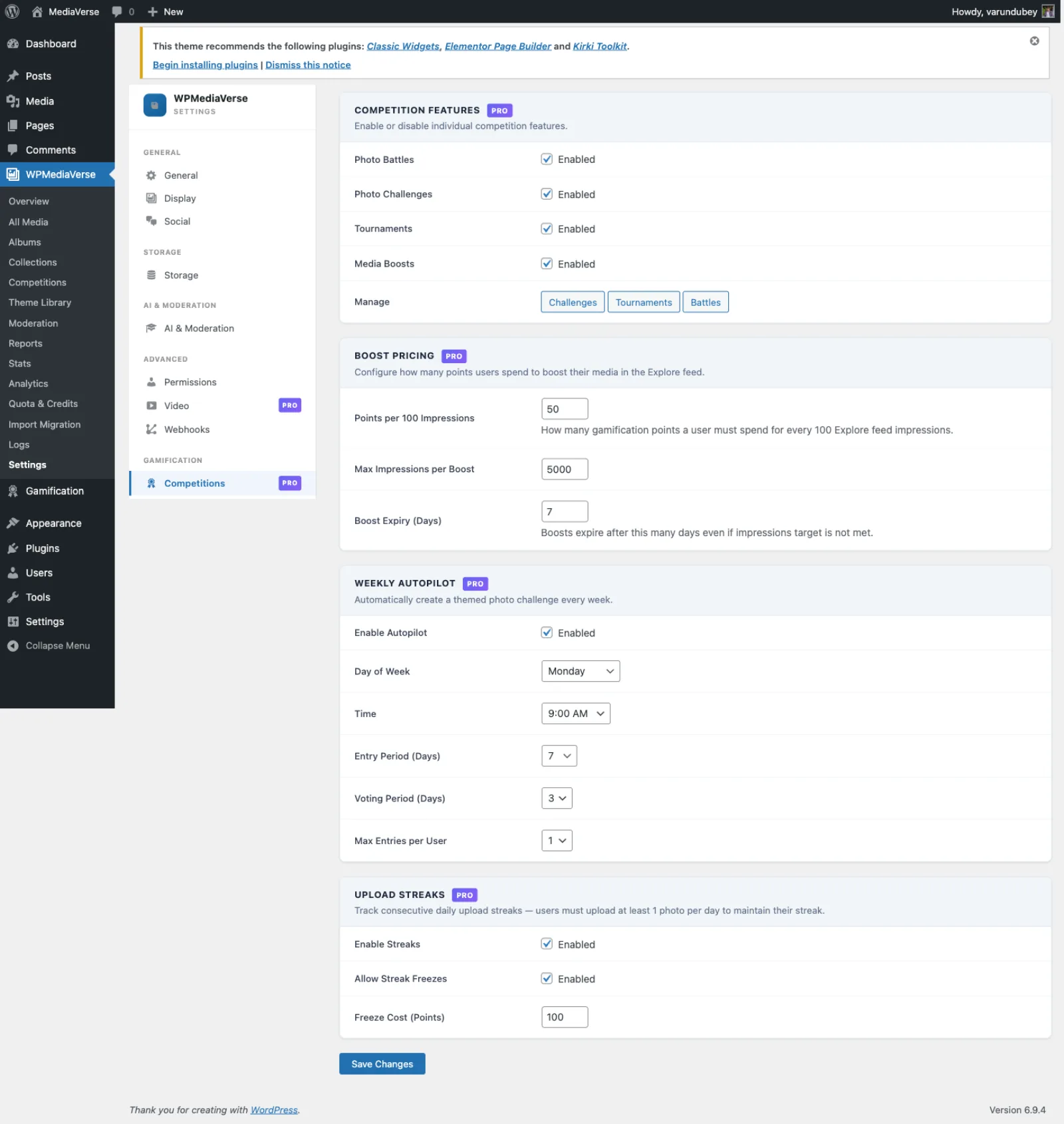 Gamification overview in WPMediaVerse admin settings