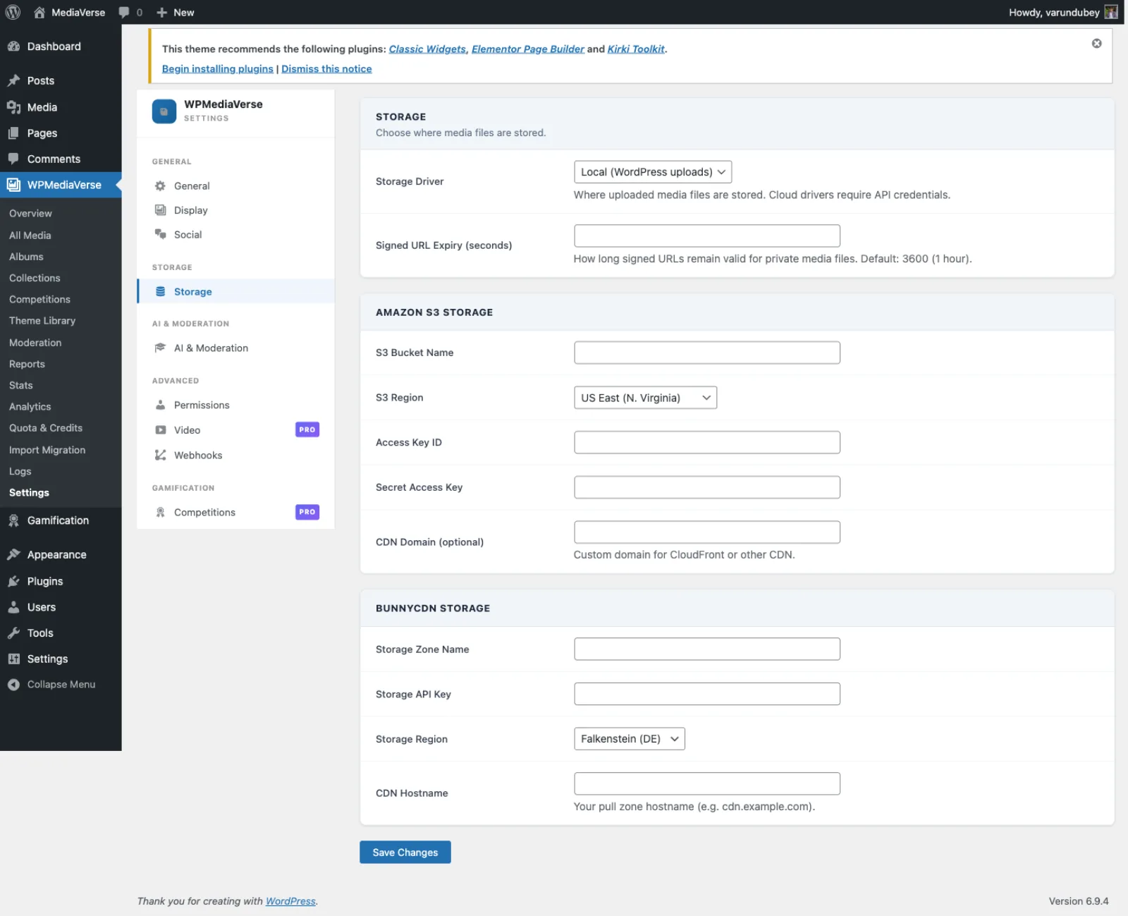 S3 configuration fields in Storage settings