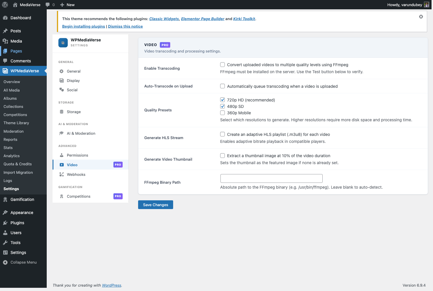 Video settings tab with transcode toggle and FFmpeg path