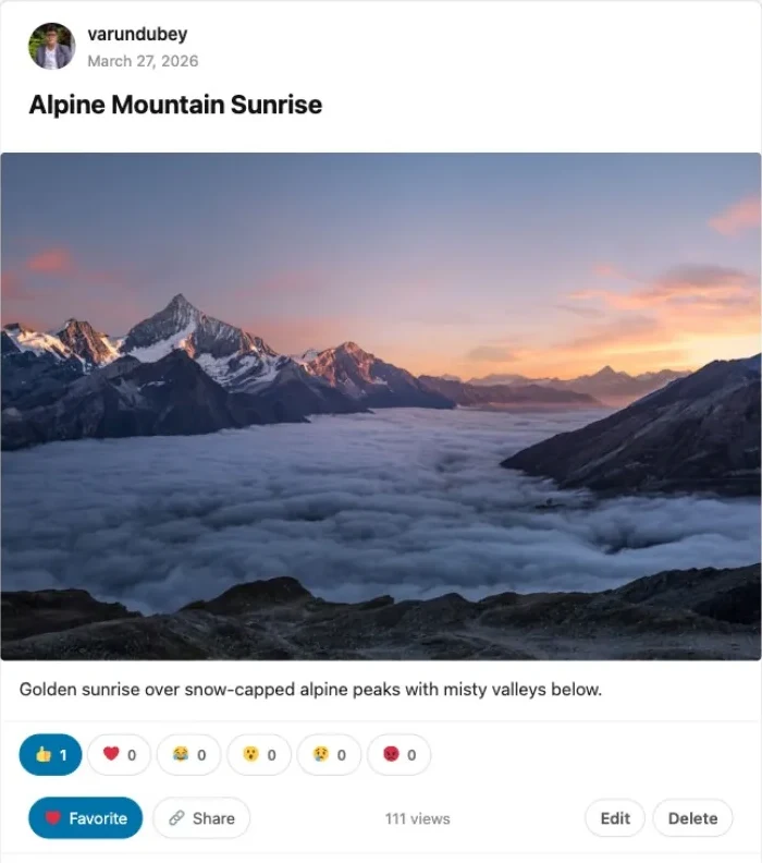A post page: author and date, the title Alpine Mountain Sunrise, a mountain photo, a description, six reaction buttons, then favourite, share, 111 views and the owner buttons