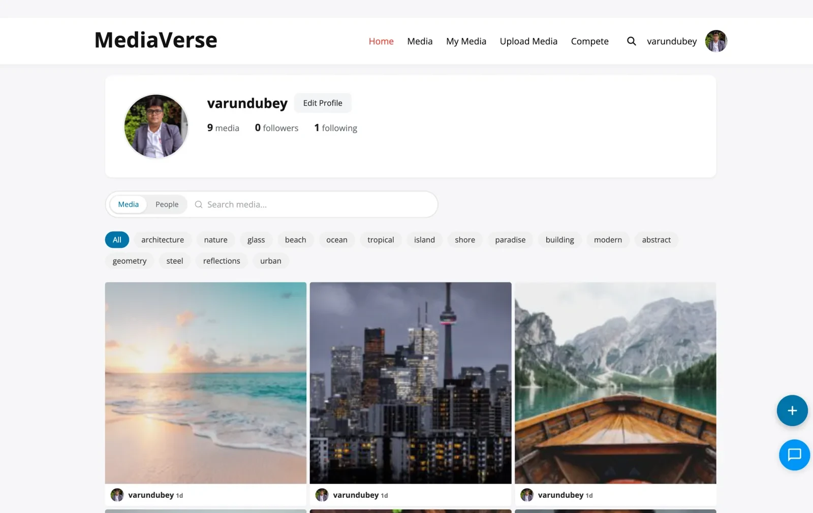 A member profile: avatar, name with an Edit Profile button, 9 media, 0 followers and 1 following, a Media and People search bar, tag chips, and a grid of photos with the author under each