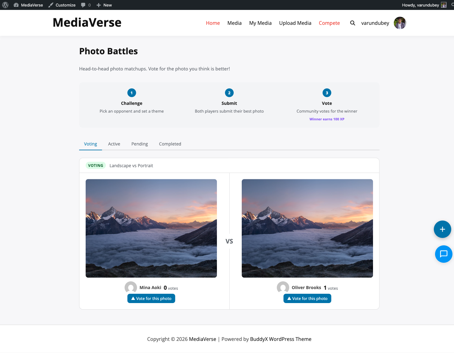 Photo Battles frontend page showing VS layout