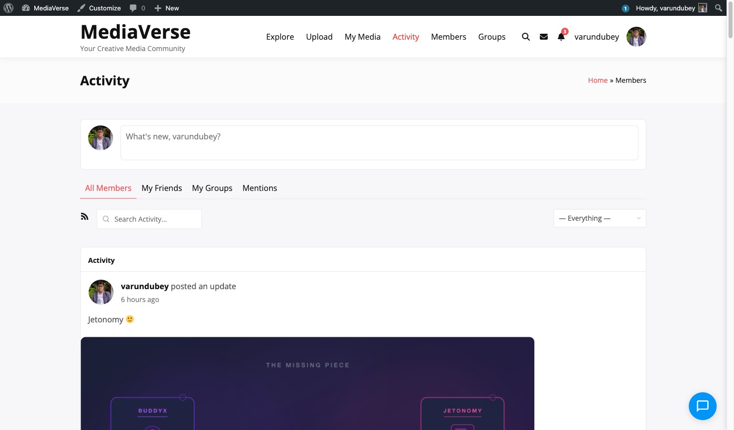 BuddyPress group activity stream with media upload