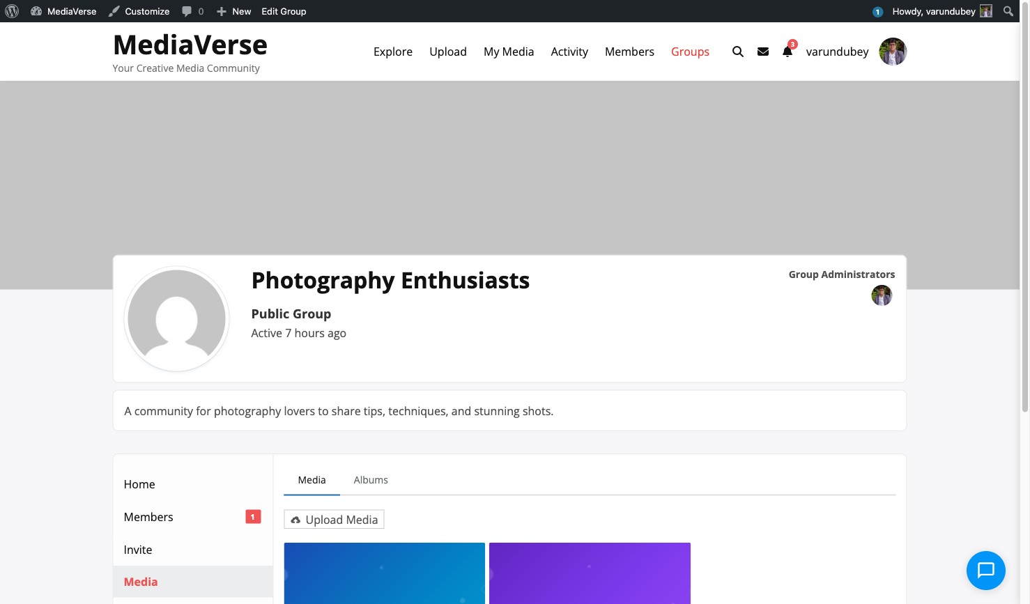 BuddyPress group page with Media tab