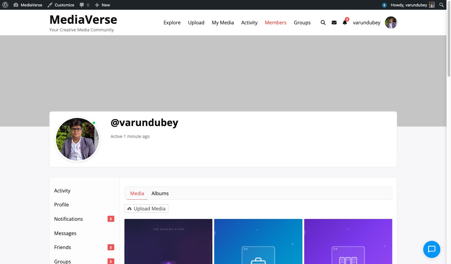 BuddyPress member profile with Media tab active