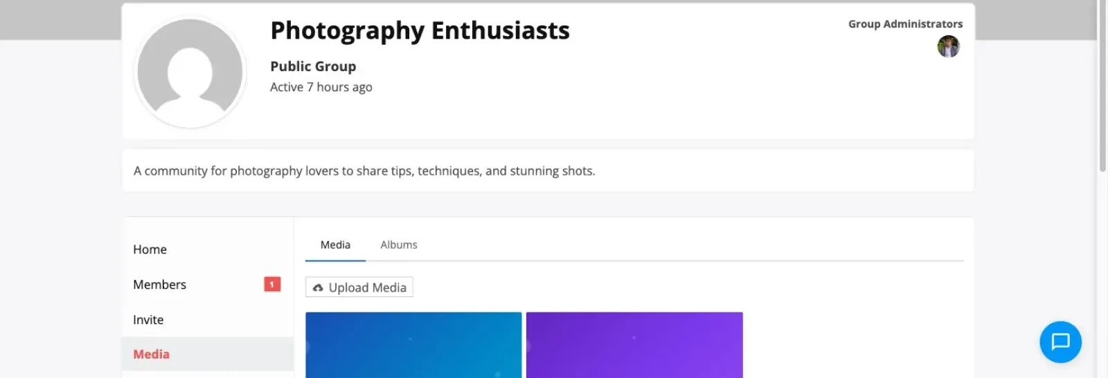 A BuddyPress group with a Media tab in its navigation and a grid of group uploads