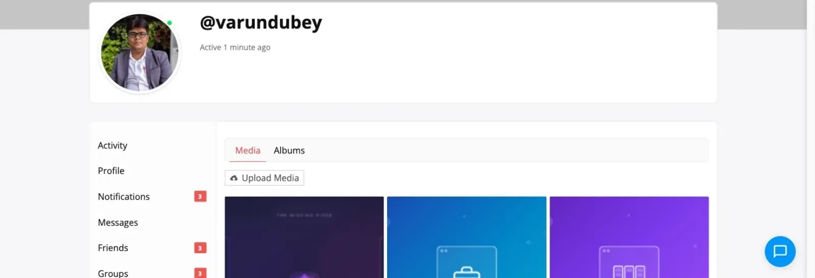 A member profile with Media and Albums tabs and an upload button above a grid of uploads