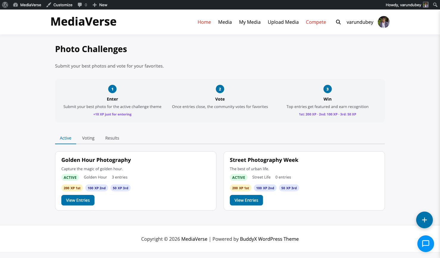 Photo Challenges frontend page showing active challenge