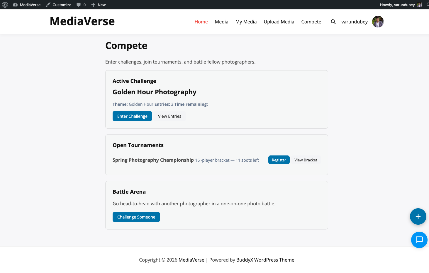 WPMediaVerse Pro competitions dashboard showing active challenges and battles