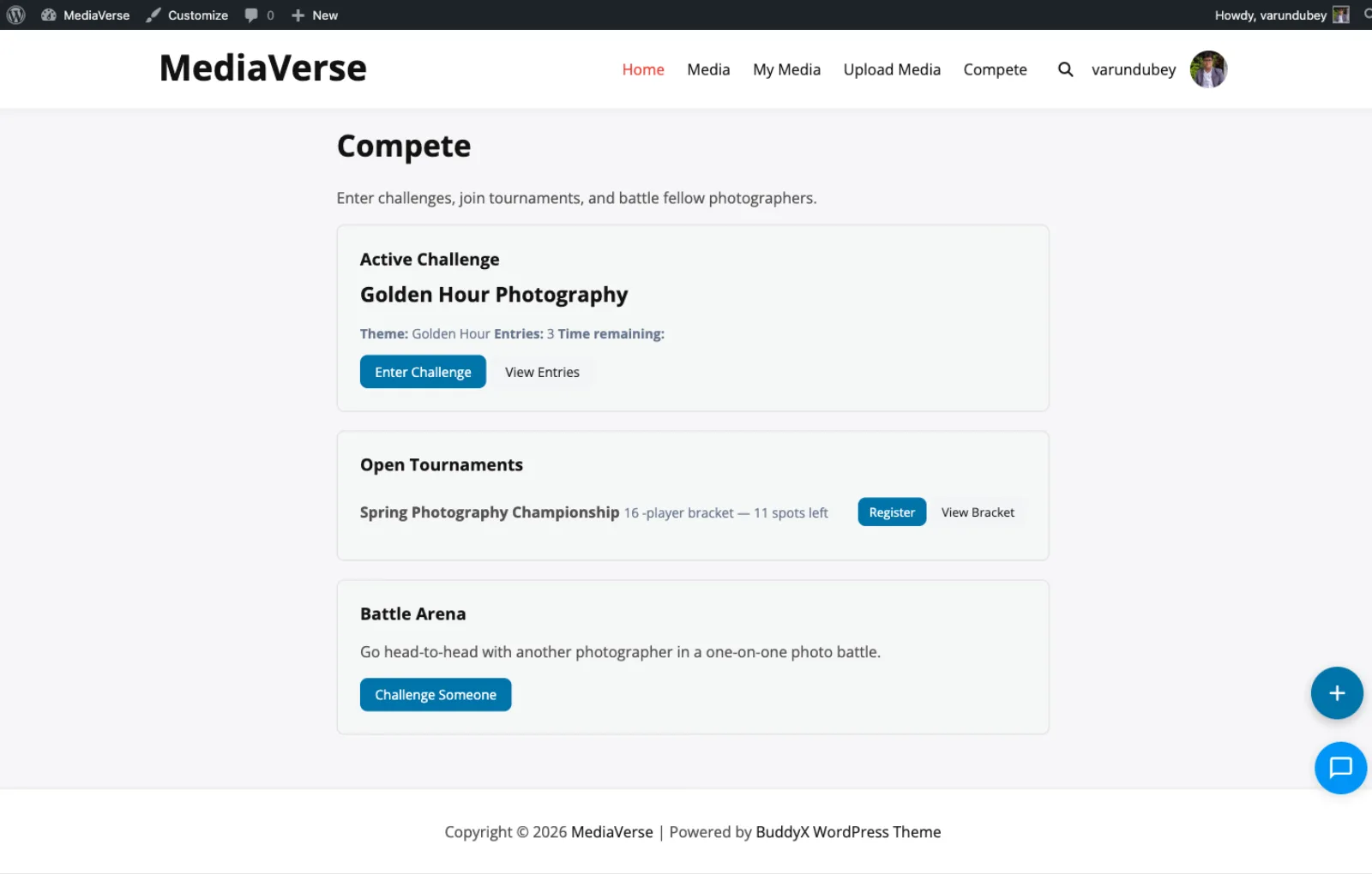 WPMediaVerse Pro competitions dashboard showing active challenges and battles