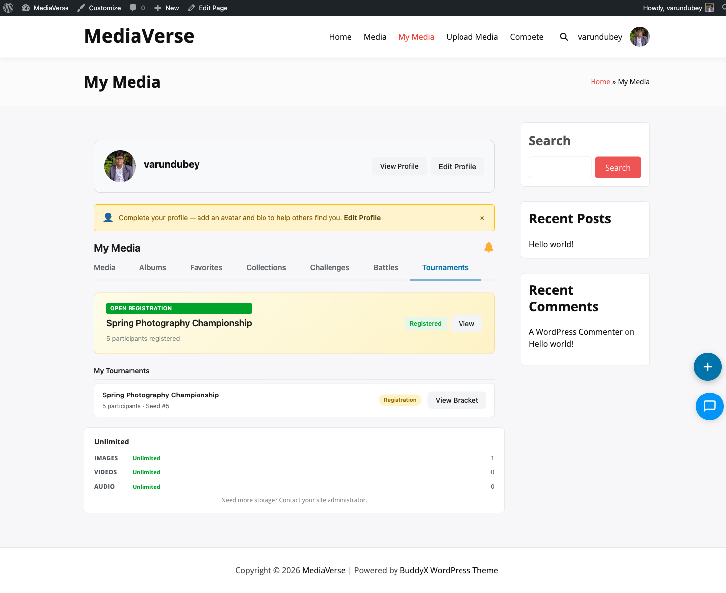 Tournament detail page with bracket