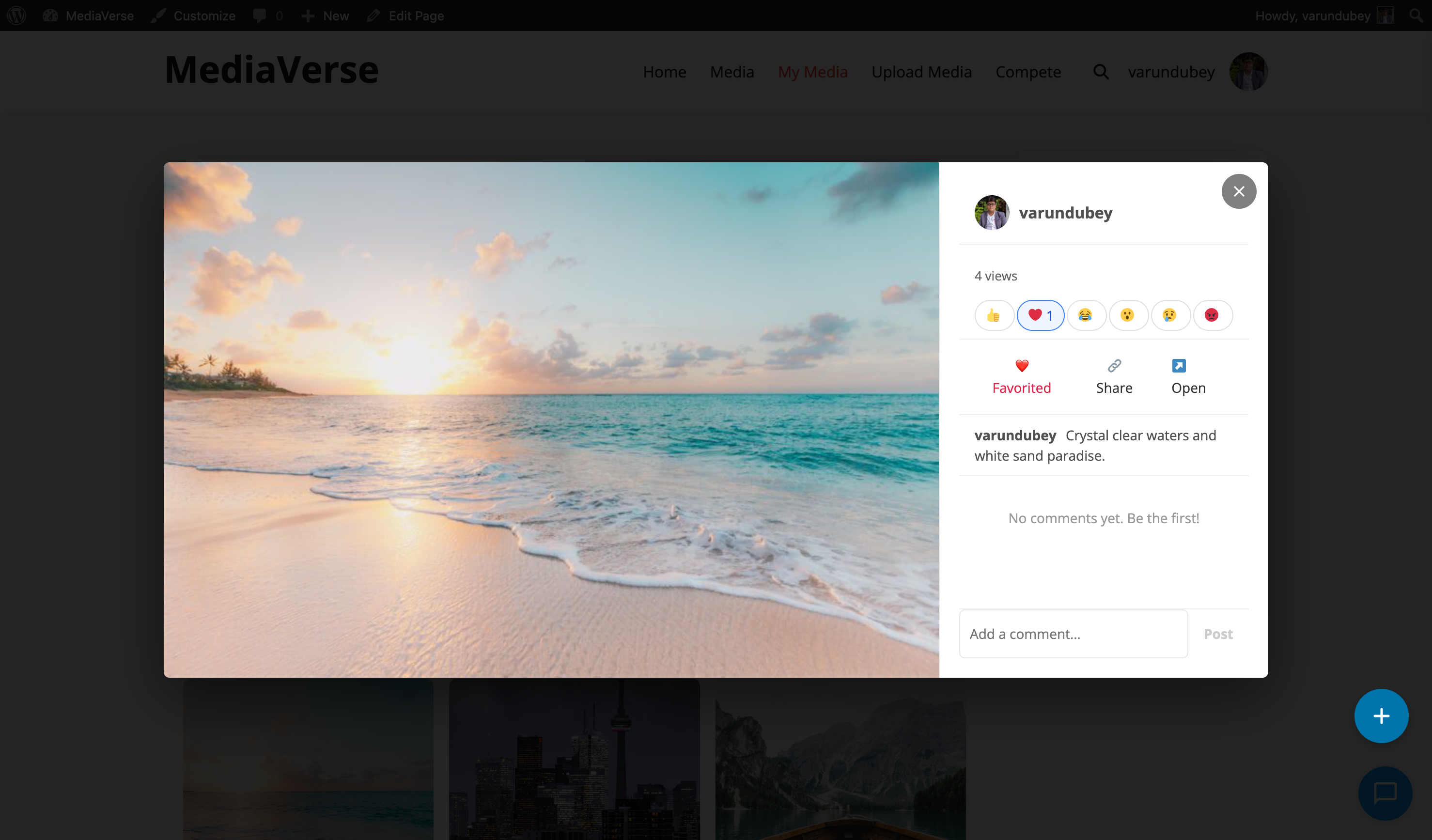 Full-screen lightbox with reactions and comments