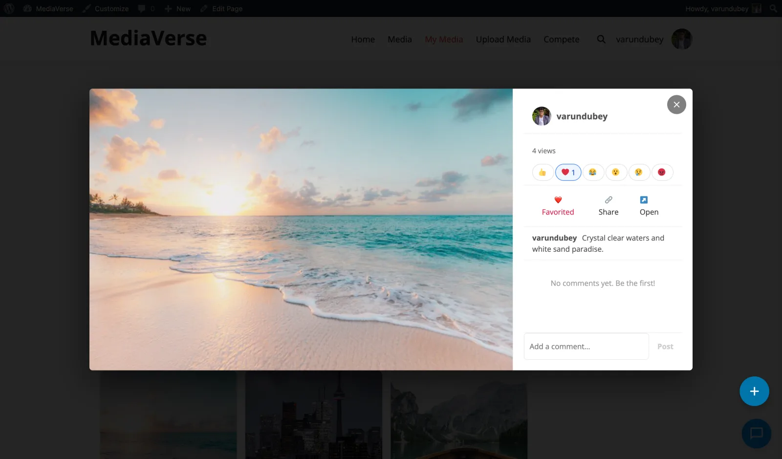 Full-screen lightbox with reactions and comments