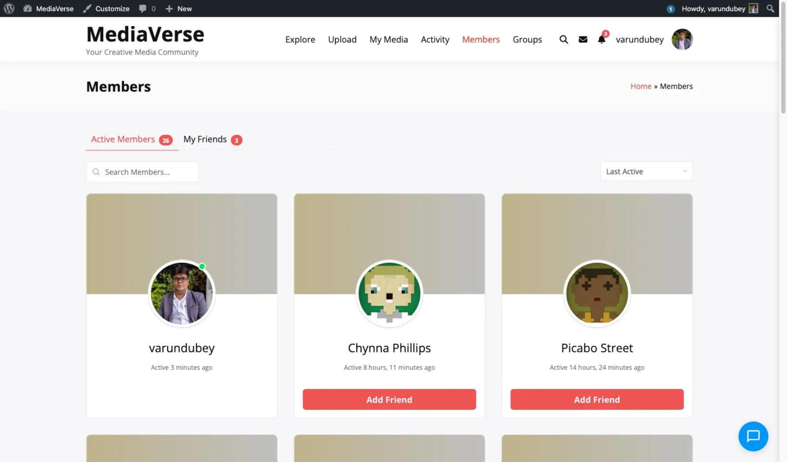 Members directory with member cards and Add Friend buttons