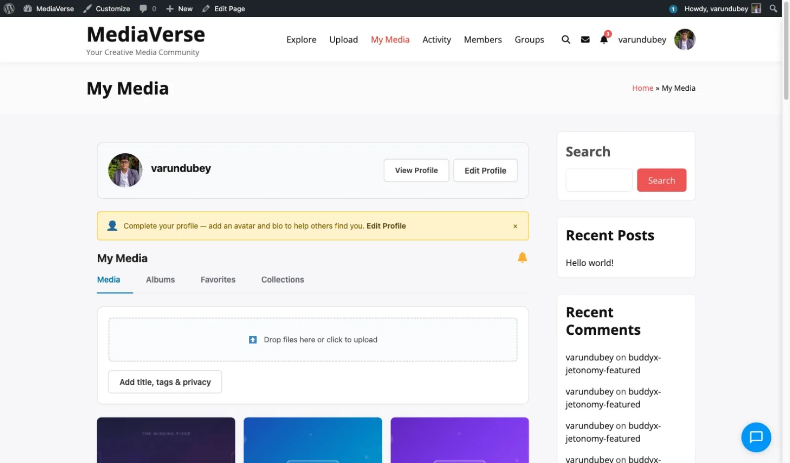 My Media dashboard with an upload box above a member's own library