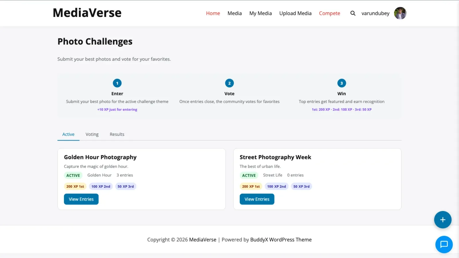The photo challenges page: an enter, vote and win strip above active challenges with entry counts
