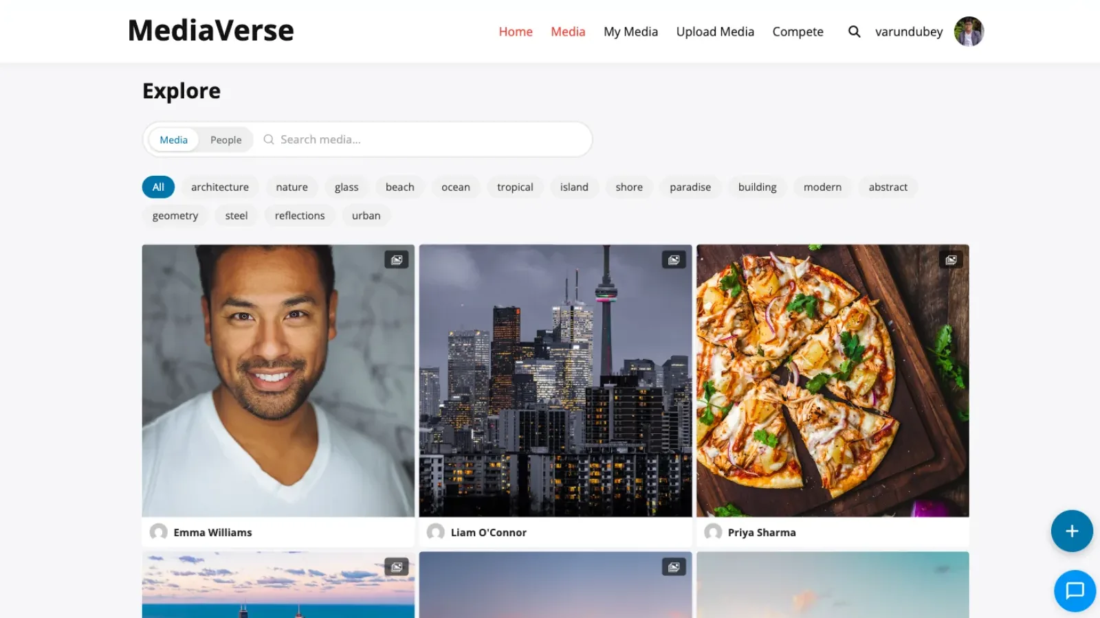 The Dribbble layout: an even grid of cards, each with the uploader name and reaction counts