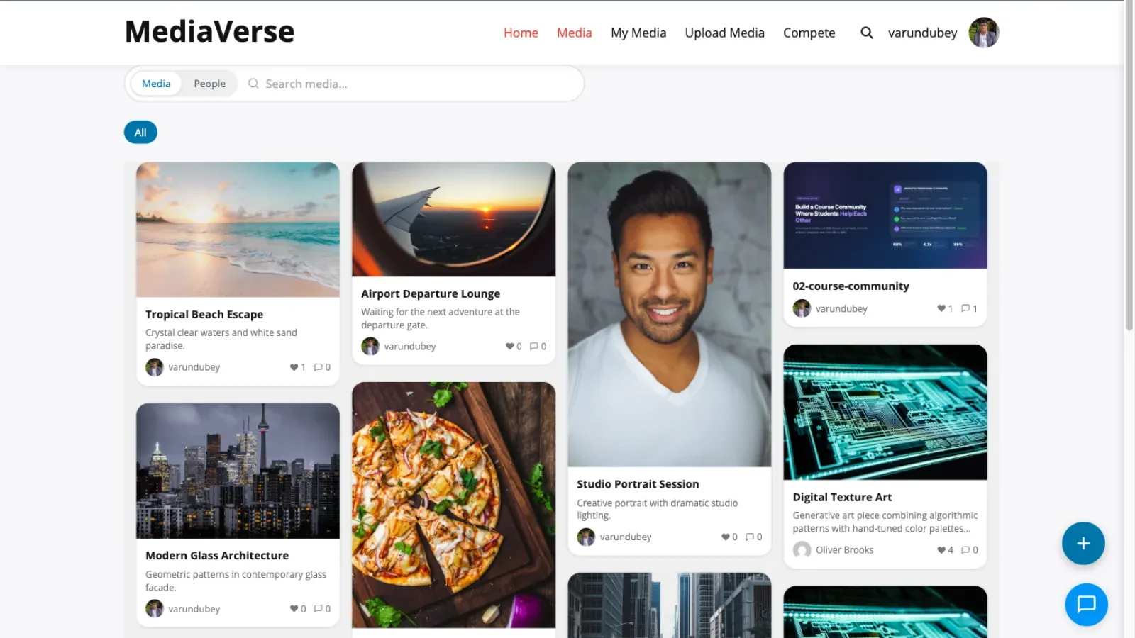 The Pinterest layout: a masonry wall of cards at mixed heights with titles and uploader names
