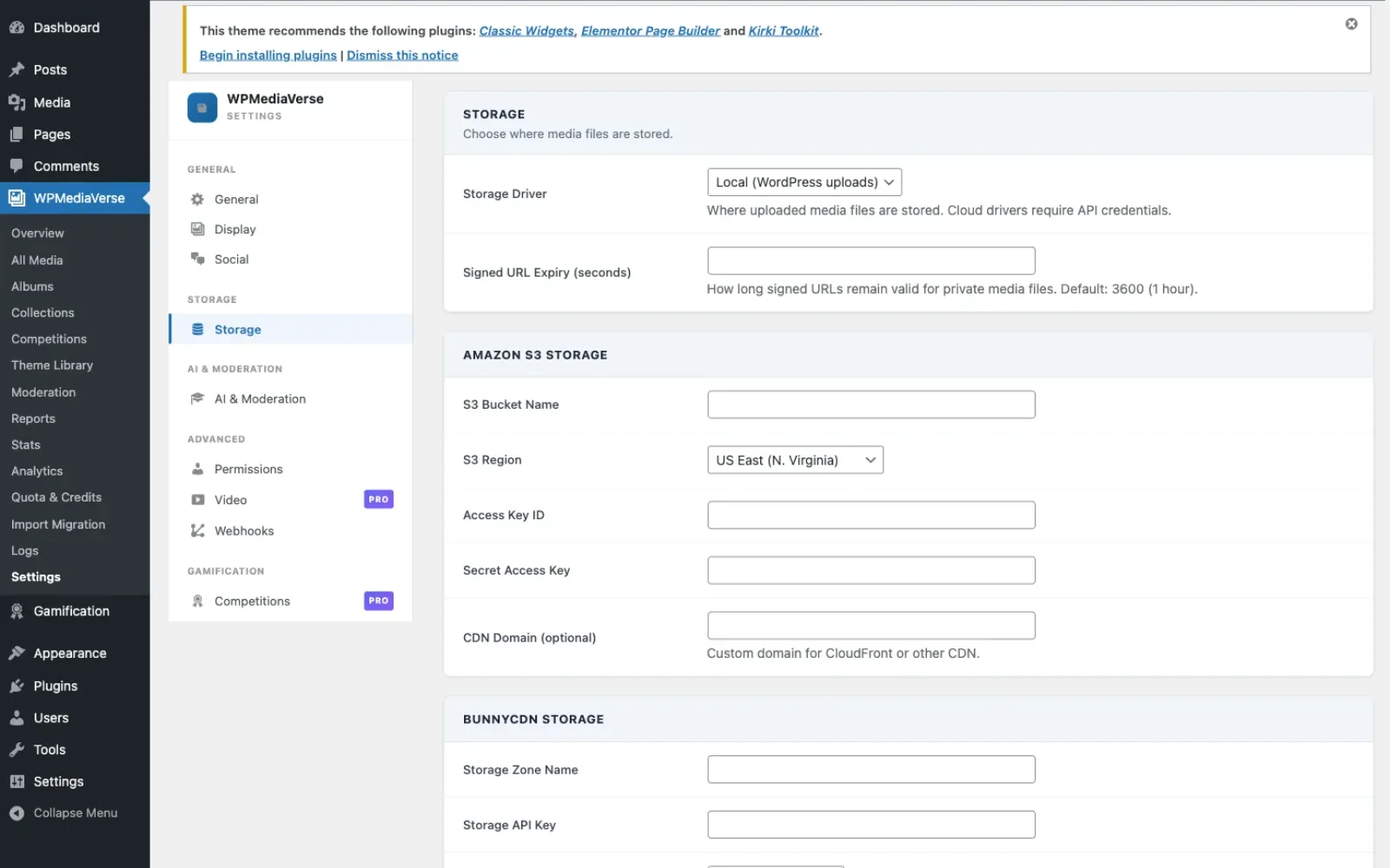 The Storage settings screen with a storage driver select, signed URL expiry, and Amazon S3 and BunnyCDN credential fields
