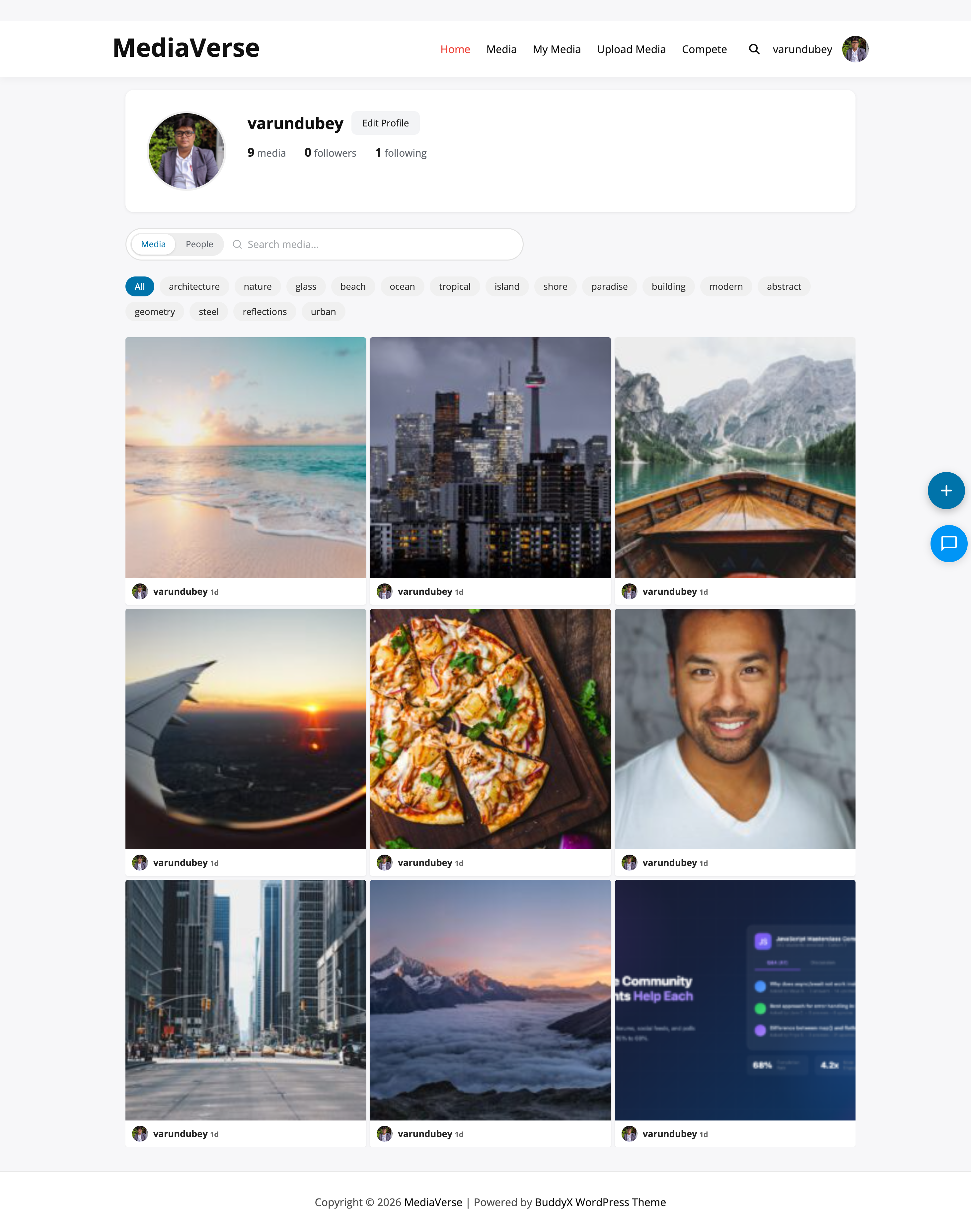 User profile showing uploaded media