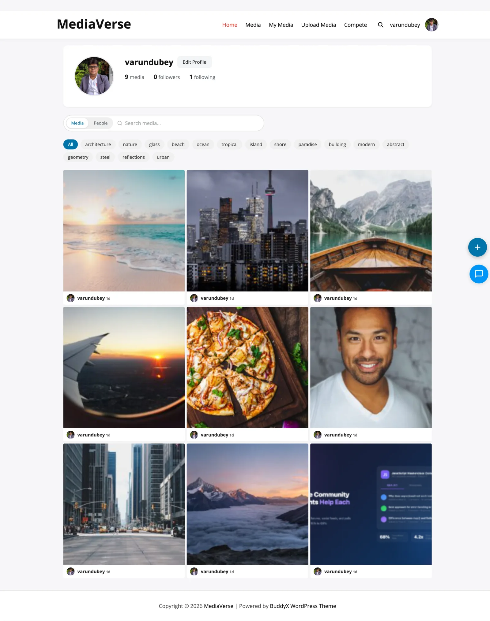 User profile showing uploaded media