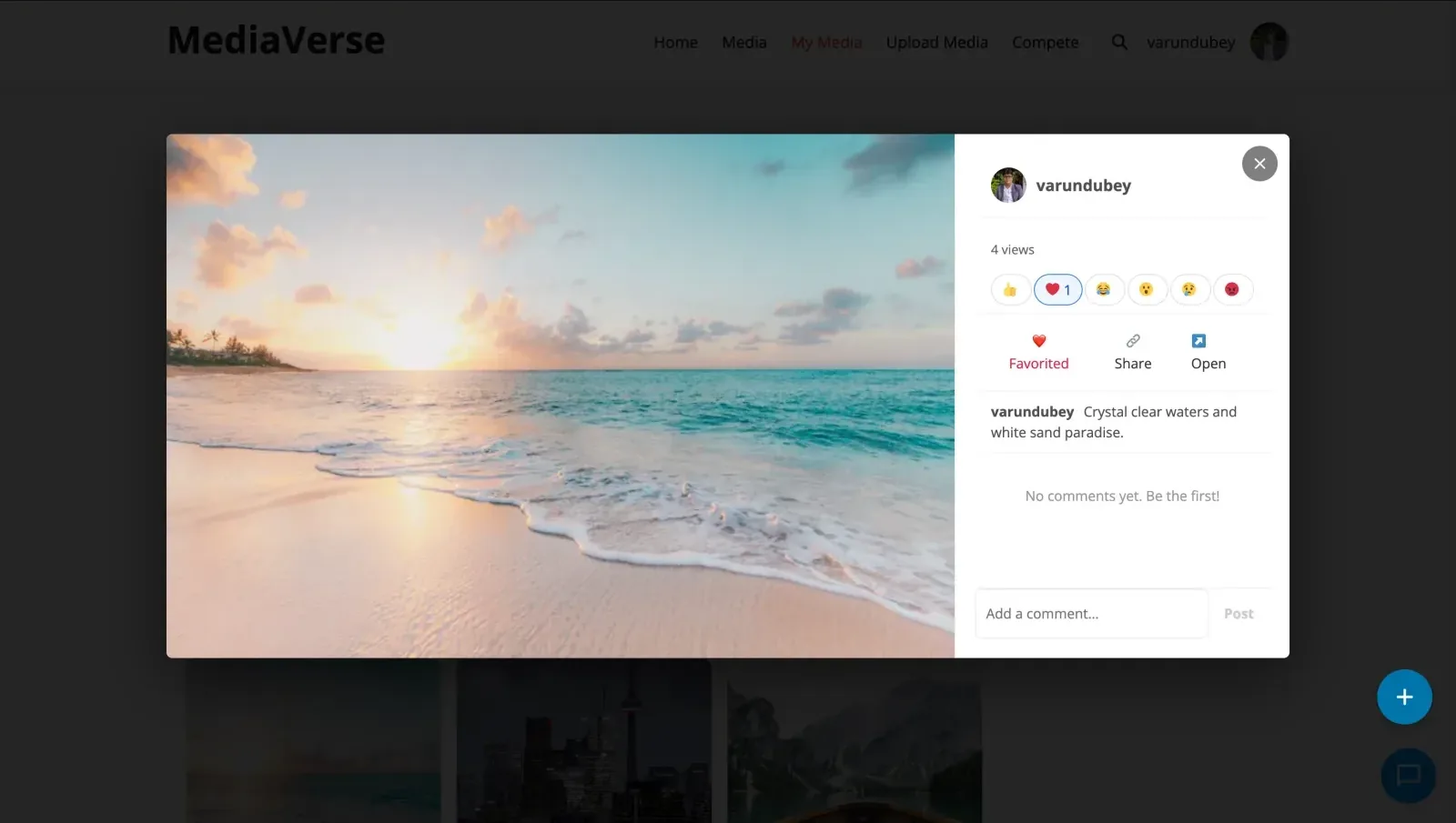 The lightbox: a photo with emoji reactions, favourite and share buttons, and a comment box beside it
