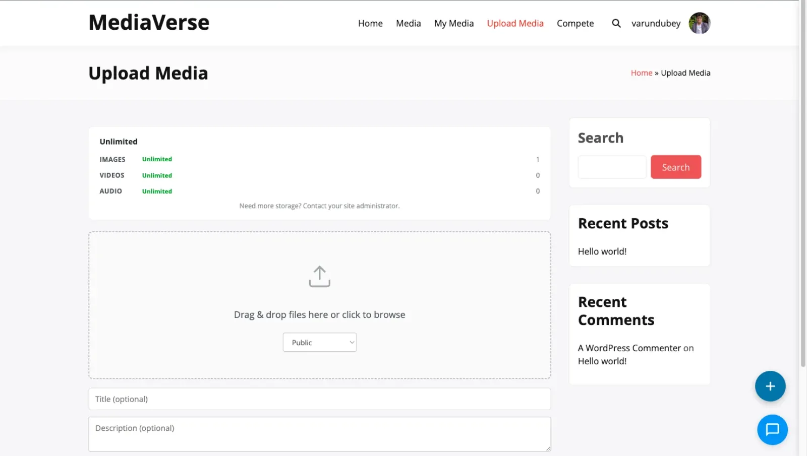 The upload page: a drag and drop area, a privacy select, and title and description fields