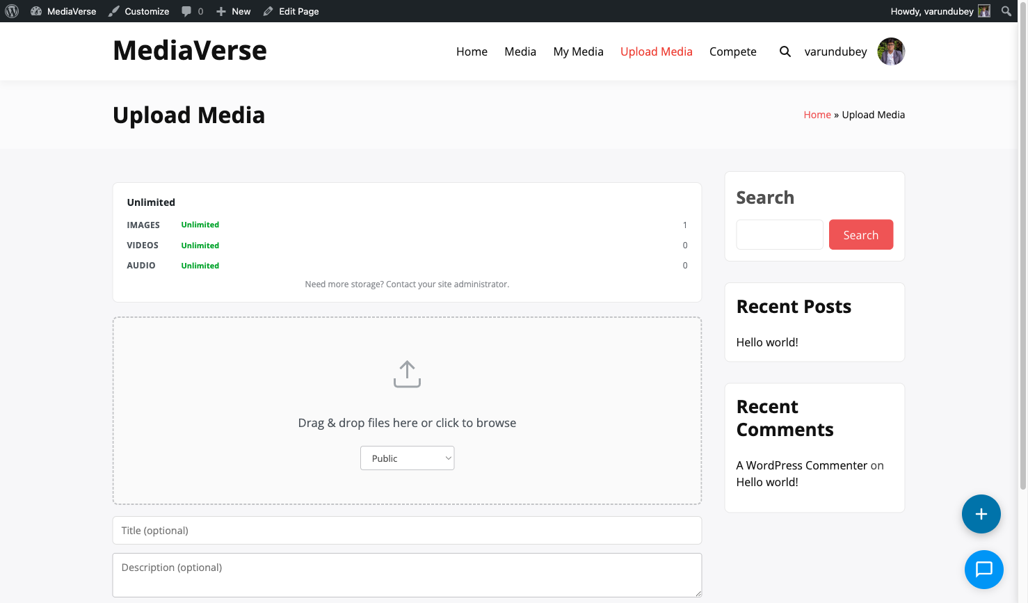 Frontend media upload form with drag-and-drop area and privacy selector